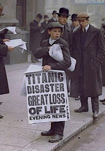 image of a paper boy breaking the news about Titanic